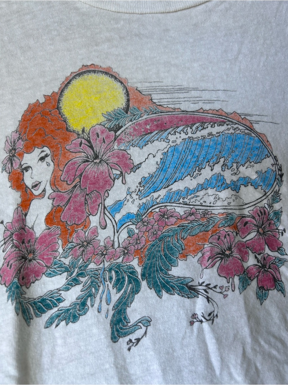 Re/Done White Graphic Tee with Floral Wave and Sun